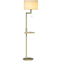 HOMCOM Candeeiro de Pé com Mesa Auxiliar Lâmpada E27 Máx. 40W Ecrã de Linho Interruptor de Corrente e Carregador USB Ø40x170 cm Dourado(m-10)