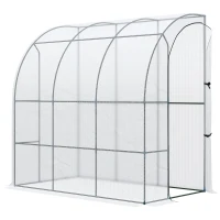 Outsunny Outdoor Walk-In Lean to Wall Greenhouse with Zippered Roll Up Door and PE Cover, 214L x 118W x 212Hcm, White(m-1)