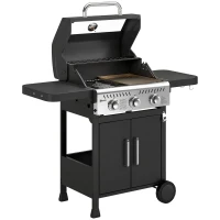 Outsunny Barbecue a Gás Portátil com 3 Queimadores 7,5 kW Termómetro Mesas Laterais Dobráveis Armário Grelha Aquecedora Chapa 125x57x110 cm Preto(m-1)