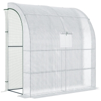 Outsunny Walk-In Lean to Wall Greenhouse - with Windows and Doors, 2 Tiers, 4 Wired Shelves, 200L x 100W x 215H cm, White