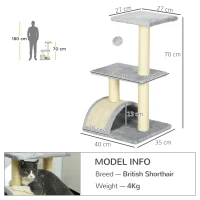 PawHut Árbol Rascador para Gatos Mediano de 3 Niveles con Rascador en Arco Plataformas Postes y Bola 40x35x72 cm Gris Claro(m-3)