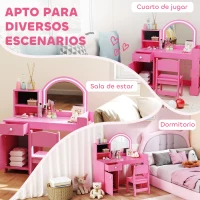 AIYAPLAY Tocador de Maquillaje Niña Tocador Infantil con Taburete y Espejo con Luces LED 1 Cajón Armario y 5 Estantes Rosa(m-8)
