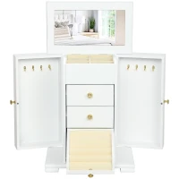 HOMCOM Caixa de Joias Feminina a 4 Níveis, Baú de Joias em Madeira com Asas, Espelho e 2 Gavetas, 26,5x16 x33,5 cm, Branco(m-8)
