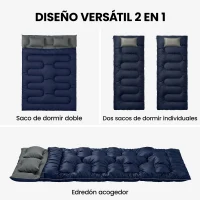Outsunny Saco de Dormir Doble para Adultos Tamaño Queen para 2 Personas con 2 Almohadas y Bolsa Transporte Azul Oscuro(m-4)
