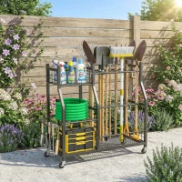 Outsunny Organisateur d'Outils de Jardin en Acier à 3 Niveaux, 32 Emplacements, 4 Roues, 11 Crochets, 104x40x95cm, Noir(m-8)