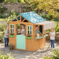 AIYAPLAY Cabane enfant extérieur en bois, maison enfant extérieure, porte-pots, tableau noir, jeu de lancer 4 balles, multicolore(m-10)