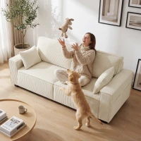 HOMCOM Canapea 3 locuri din velur canelat 218 cm, canapea de living, perne cu arcuri, cotiere late, 2 perne, bej(m-5)