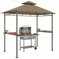 Outsunny Abri barbecue extérieur, tonnelle de jardin 245x146x255cm en métal, double toit, 2 étagères latérales, marron