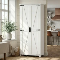 HOMCOM Buffet alto de cocina, armario de cocina, 2 puertas con ruedas, 6 compartimentos, 14 soportes en puertas, estantes regulables, blanco(m-4)