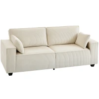 HOMCOM 3-Sitzer-Sofa aus Cordvelours 218 cm, Wohnzimmersofa, Taschenfederkissen, breite Armlehnen, 2 Kissen, beige(m-1)