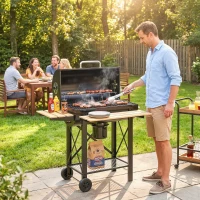 Outsunny Barbecue Charbon de Bois Chariot Grill de Jardin avec Couvercle Fumoir Tablette Pliable en Bois 109 x 71 x 98 cm Noir(m-10)