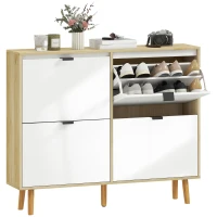 HOMCOM Sapateira Estreita com 4 Portas em Branco Brilho Prateleiras Ajustáveis Pernas de Madeira para 20 Pares de Sapatos 105x24x92,5 cm(m-10)