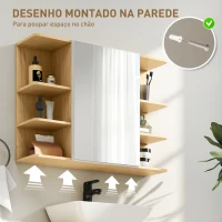 HOMCOM Armário de Casa de Banho com Espelho Armário de Parede Casa de Banho com Porta Prateleiras Abertas 80x20x59 cm Madeira(m-6)