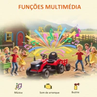AIYAPLAY Trator Elétrico para Crianças com Reboque Desmontável Bateria 12V Velocidade 3-5 km/h Controle Remoto 2,4G 139x58x55 cm Vermelho(m-8)