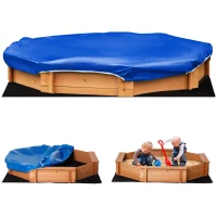 Outsunny Caixa de Areia de Madeira para Crianças Caixa de Areia Infantil com Cobertura de Poliéster 139,5x139,5x21,5 cm Vermelho e Azul(m-10)