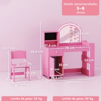 AIYAPLAY Toucador de Maquilhagem Infantil com Banquinho e Espelho com Luzes LED 1 Gaveta Armário e 5 Prateleiras Rosa(m-3)
