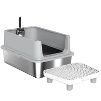 PawHut XL Katzentoilette aus Edelstahl, hohe Seitenwände, Trittplatte und Filtermatte, Schaufel, 60,2x40,2x29,6cm, Grau(m-7)