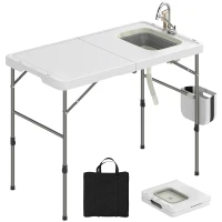 Outsunny Mesa de Limpieza de Pescado Plegable con Altura Regulable Fregadero Grifo Manguera Cesta Plegable Ranuras y Bolsa(m-10)