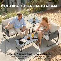 Outsunny Conjunto de Jardim de 4 peças Móveis de Exterior com 2 Sofás de 2 Lugares 2 Mesas de Vidro Almofadas Capas Removíveis Preto e Bege(m-5)