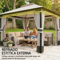 Outsunny Pérgola de Jardim 360x300x279 cm com Duplo Teto 4 Paredes Laterais e Rede Mosquiteira Estrutura Metálica Cinza Claro(m-5)