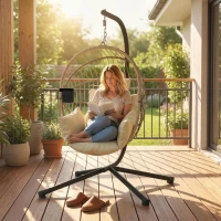 Outsunny Fauteuil Œuf Suspendu, Chaise Hamac Balançoire Intérieur et Extérieur, Panier Pliable, Coussin Rembourré, Kaki(m-9)