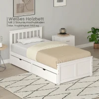 HOMCOM Cadre de Lit 90x190cm en Bois Massif,  2 Tiroirs sur Roulettes, Tête de Lit, Pied de Lit, Sommier à Lattes, Blanc(m-8)