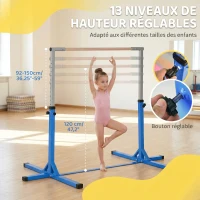 HOMCOM Barre fixe de gymnastique enfant - barre de gymnastique hauteur réglable 13 niveaux 92 à 150 cm - acier bleu bois hêtre(m-4)