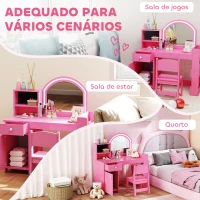 AIYAPLAY Toucador de Maquilhagem Infantil com Banquinho e Espelho com Luzes LED 1 Gaveta Armário e 5 Prateleiras Rosa(m-8)