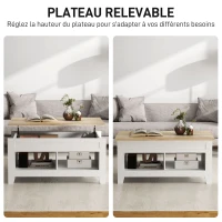 HOMCOM Table basse plateau relevable, table de salon avec étagères et compartiment caché,105 x 50 x 49-62,5 cm blanc(m-4)