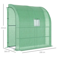 Outsunny Lean to Wall Greenhouse with 2 Tiers 4 Wired Shelves, Walk-In Plant Shelter with Mesh Windows and Doors, 200L x 100W x 215Hcm, Green(m-3)