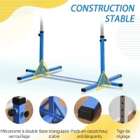 HOMCOM Barre fixe de gymnastique enfant - barre de gymnastique hauteur réglable 13 niveaux 92 à 150 cm - acier bleu bois hêtre(m-6)