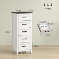 HOMCOM Cómoda 5 Gavetas Cómoda de Dormitório Estreita e Alta com Bancada com Efeito Madeira 45x35x106 cm Branco(m-3)