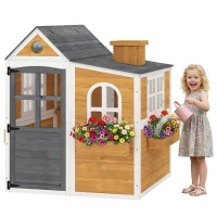 AIYAPLAY Cabane enfant extérieur en bois, maison enfant extérieure/intérieure avec porte, fenêtres, 3 bacs à fleurs, jaune(m-1)