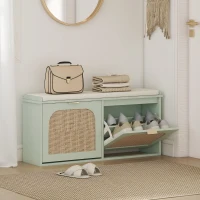 HOMCOM Banc à chaussures, banc de rangement, assise rembourrée, tiroirs rabattables, porte en rotin, 104 x 26 x 47,5 cm, vert(m-2)