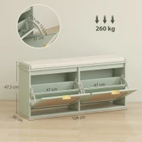 HOMCOM Banc à chaussures, banc de rangement, assise rembourrée, tiroirs rabattables, porte en rotin, 104 x 26 x 47,5 cm, vert(m-3)