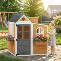 AIYAPLAY Cabane enfant extérieur en bois, maison enfant extérieure/intérieure avec porte, fenêtres, 3 bacs à fleurs, jaune(m-10)
