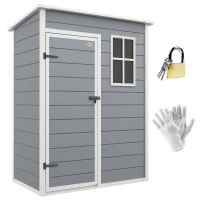 Outsunny 5' x 3' Plastic Garden Shed with Floor, Outdoor Storage Shed with Lockable Door, Window and Vent for Garden, Patio, Grey(m-11)