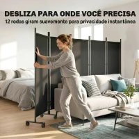 Outsunny Biombo Dobrável de 5 Painéis com 12 Rodas 252x170 cm Biombo Separador de Ambientes Preto(m-4)