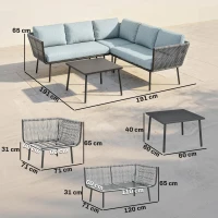Outsunny Conjunto de Muebles de Ratán de Exterior Sofá de Esquina con Cojines y Mesa de Centro para Terraza Patio Azul Claro(m-3)