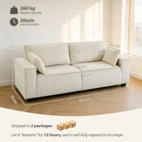 HOMCOM Canapea 3 locuri din velur canelat 218 cm, canapea de living, perne cu arcuri, cotiere late, 2 perne, bej(m-3)