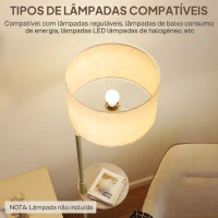 HOMCOM Candeeiro de Pé com Mesa Auxiliar Lâmpada E27 Máx. 40W Ecrã de Linho Interruptor de Corrente e Carregador USB Ø40x170 cm Dourado(m-8)