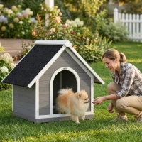 PawHut Außen-Hundehütte Hundehaus komplett aufklappbares Gehäuse für einfache Reinigung 84x101x86 cm Grau und Weiß(m-4)