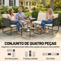 Outsunny Conjunto de Jardim de 4 peças Móveis de Exterior com 2 Sofás de 2 Lugares 2 Mesas de Vidro Almofadas Capas Removíveis Preto e Bege(m-4)