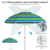 Outsunny Parasol Plażowy Ø178 cm UV40+ Wiatroodporny Stabilny Regulowany z Nachyleniem Wentylacją Torbą Wielokolorowy(m-5)