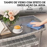 Outsunny Mesa de Jardim Exterior Retangular em Vime com Prateleira Tampo de Vidro Temperado Ondulado 90x50x45 cm Cinzento Escuro(m-6)