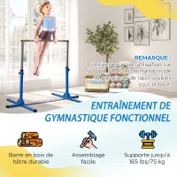 HOMCOM Barre fixe de gymnastique enfant - barre de gymnastique hauteur réglable 13 niveaux 92 à 150 cm - acier bleu bois hêtre(m-5)