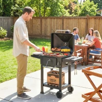 Outsunny Barbecue Charbon de Bois Chariot Grill de Jardin avec Couvercle XXL Bac à Charbon et Évents Réglables 112cm Noir(m-10)