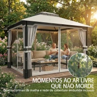 Outsunny Pérgola de Jardim 360x300x279 cm com Duplo Teto 4 Paredes Laterais e Rede Mosquiteira Estrutura Metálica Cinza Claro(m-7)