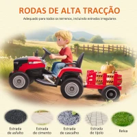 AIYAPLAY Trator Elétrico para Crianças com Reboque Desmontável Bateria 12V Velocidade 3-5 km/h Controle Remoto 2,4G 139x58x55 cm Vermelho(m-9)