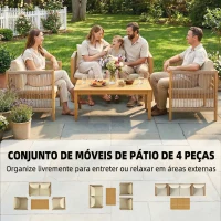 Outsunny Conjunto de Móveis de Jardim de 4 Peças com Sofá de 2 Lugares 2 Poltronas Mesa de Madeira Almofadas e Corda de PP Madeira e Bege(m-4)